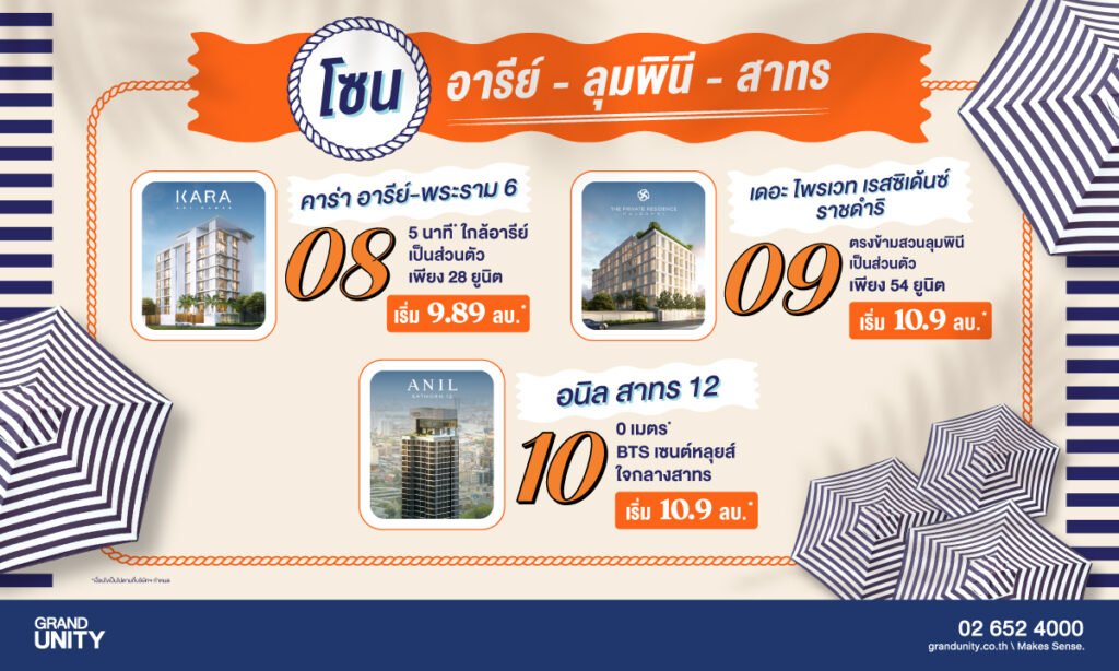 คอนโด อ่อนนุช และ คอนโด สาทร ตัวเลือกที่ตอบโจทย์ชีวิตเมืองแบบครบวงจร 5 Grand Unity Summer Vibes ดีลร้อน พร้อมเสิร์ฟ งานมหกรรมบ้านและคอนโด ครั้งที่ 47 อารีย์ ลุมพินี สาทร